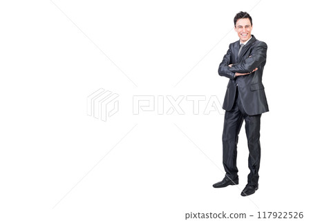 Cheerful male worker in suit folding hands in studio Cheerful male worker in suit folding hands in studio 117922526