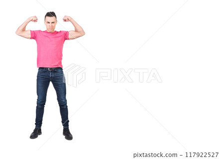 Strong young man showing muscles against white background 117922527