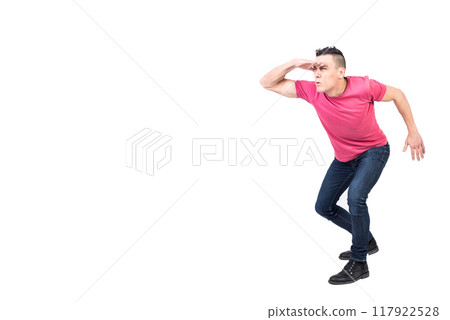 Worried male looking at distance. White background Worried male looking at distance. White background 117922528