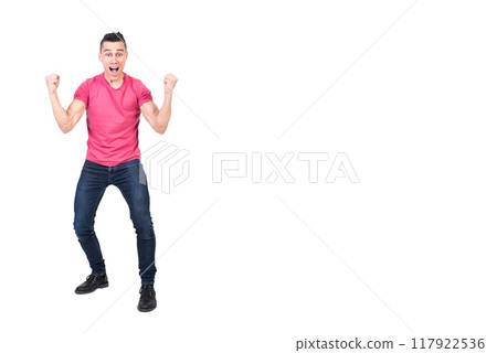 Excited man screaming and celebrating success. White background 117922536
