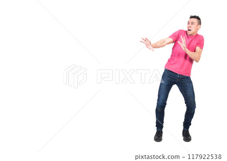 Scared man screaming in panic. White background 117922538