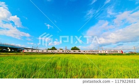 Meitetsu 2200 series train and autumn countryside Meitetsu 2200 series train and autumn countryside 117922681