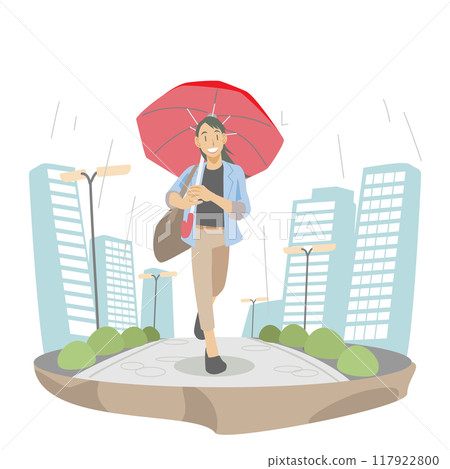 Illustration of a businesswoman walking through a rainy city 117922800