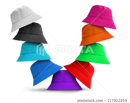 colorful bucket hats Isolated on a white background 117922859