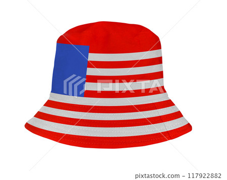 White, red, blue bucket hats isolated on white background. 117922882