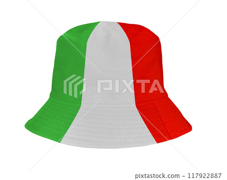 Green, white, red bucket hats isolated on white background. 117922887
