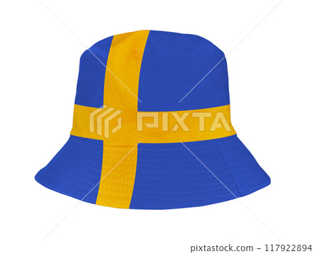yellow bucket hat Blue color isolated on white background 117922894