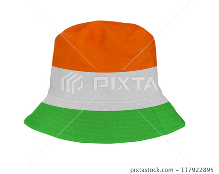 Orange  white  green bucket hats isolated on white background. 117922895