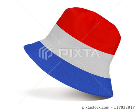 Red, white, blue bucket hats isolated on white background. Red, white, blue bucket hats isolated on white background. 117922917