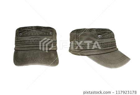 Fashion hat with visor isolated on white background. Green hat. 117923178