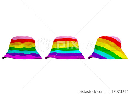 Colorful bucket hats for fashion shoots on a white background. 117923265