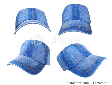 Blue baseball cap in four different views, on white. Blue baseball cap in four different views, on white. 117923358