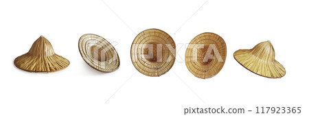 Traditional Asian hat woven with palm leaves. on a white background 117923365