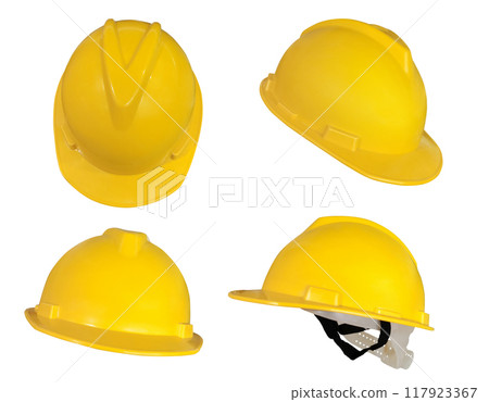 set yellow deferential helmet, construction tools for industrial safety isolated on white background set yellow deferential helmet, construction tools for industrial safety isolated on white background 117923367
