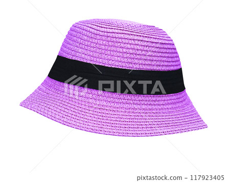 Purple vintage straw hat isolated on white background. 117923405
