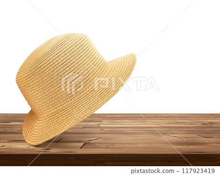 vintage straw hats. Placed on wooden table. Isolated on white background. vintage straw hats. Placed on wooden table. Isolated on white background. 117923419