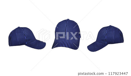 Black and Blue Stripes Baseball Cap isolated on a white background Black and Blue Stripes Baseball Cap isolated on a white background 117923447