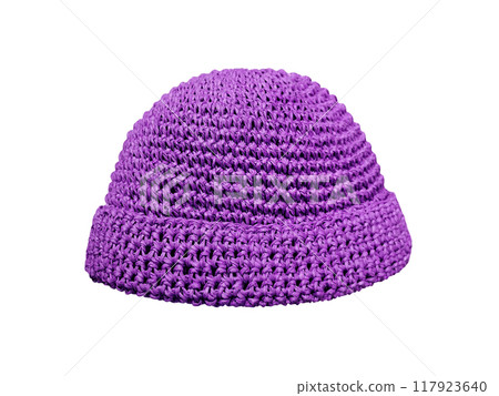 Dark purple knitted hat isolated on white background. Dark purple knitted hat isolated on white background. 117923640