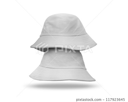 Two white bucket hats Isolated on a white background Two white bucket hats Isolated on a white background 117923645