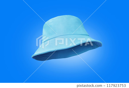 blue bucket hat isolated on a blue background 117923753