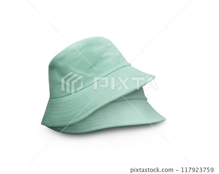 Two green bucket hats Isolated on a white background Two green bucket hats Isolated on a white background 117923759