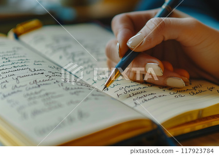 Detailed close-up of handwritten notes on notepad for productivity and ideas 117923784