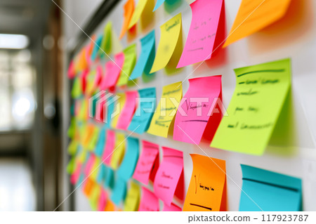 Colorful sticky notes on whiteboard for vibrant brainstorming and creative collaboration 117923787