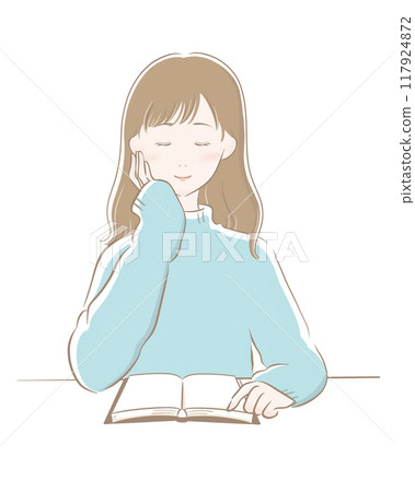 Woman reading brown main line light blue knit long hair 117924872