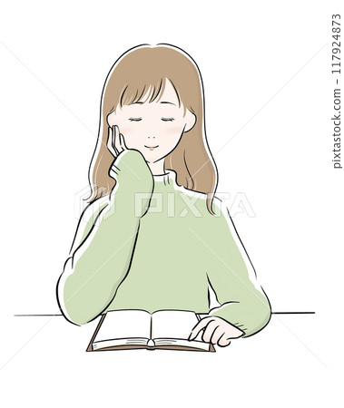 Woman reading black main line green knit long hair Woman reading black main line green knit long hair 117924873