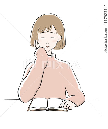 Woman reading black main line pink knit bob Woman reading black main line pink knit bob 117925145
