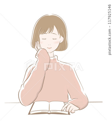 Woman reading brown main line pink knit bob Woman reading brown main line pink knit bob 117925146