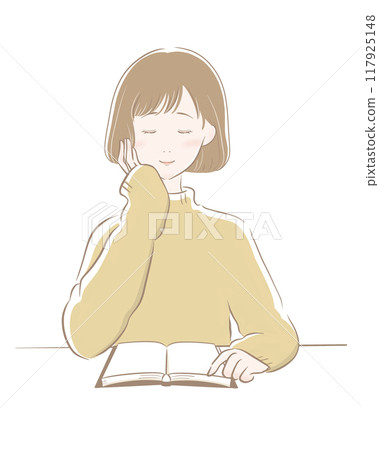 Woman reading brown yellow knit bob 117925148