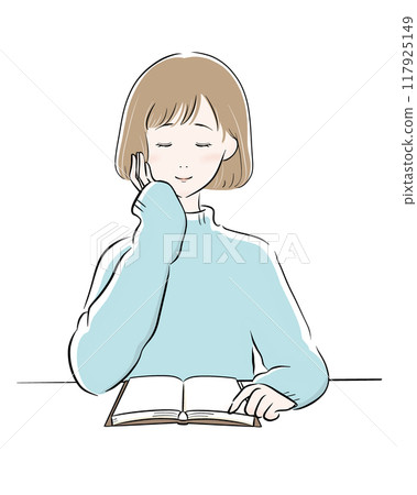 Woman reading black main line light blue knit bob 117925149