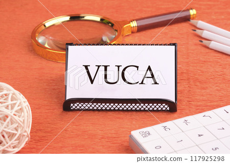 Volatility Uncertainty Complexity Ambiguity. VUCA text on a white business card, front view 117925298