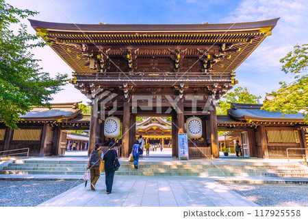 Samukawa cityscape in Japan. Samukawa Shrine, Ichinomiya of Sagami Province. The main hall can be seen behind the shrine gate. July 21, 2024 117925558