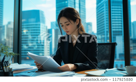 A woman working at a desk in an office with a great view 117925880