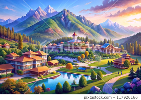 Cozy tourist resorts in the mountains with a swimming pool and green lawns 117926166