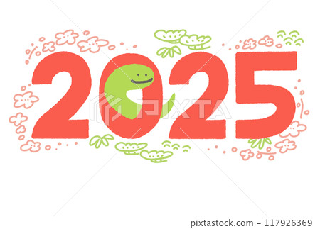 2025 年新年賀卡，蛇穿過數字令和 7 松竹梅 117926369