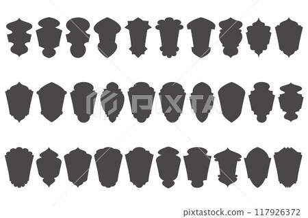 Ramadan shapes. Islamic vector frame with pattern. Arabic and Indian design element with ornament. Oriental arch and door labels. Traditional Turkish lantern silhouettes. 117926372