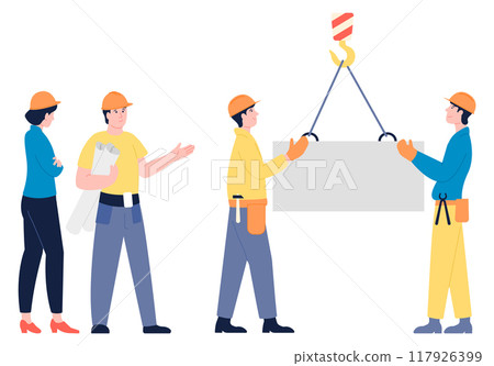 Construction workers on industrial site. Builders and engineers teamwork Construction workers on industrial site. Builders and engineers teamwork 117926399