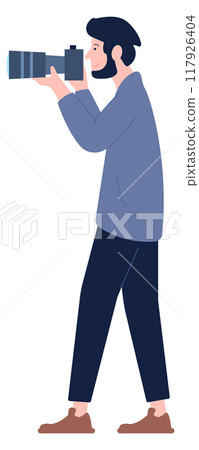 Professional photographer character shooting. Paparazzi male person Professional photographer character shooting. Paparazzi male person 117926404