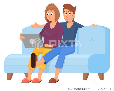 Happy couple on sofa together. People watching laptop Happy couple on sofa together. People watching laptop 117926424