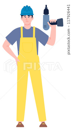 Handyman with drill. House builder or repairman color character 117926441