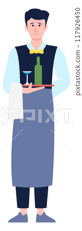 Waiter color character. Restaurant worker with food tray Waiter color character. Restaurant worker with food tray 117926450