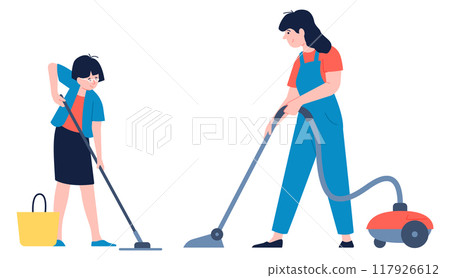 Kid help vacuum cleaning floor. Housekeeping characters Kid help vacuum cleaning floor. Housekeeping characters 117926612