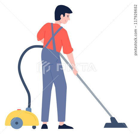 Man vacuuming floor. Professional cleaning service worker character Man vacuuming floor. Professional cleaning service worker character 117926682