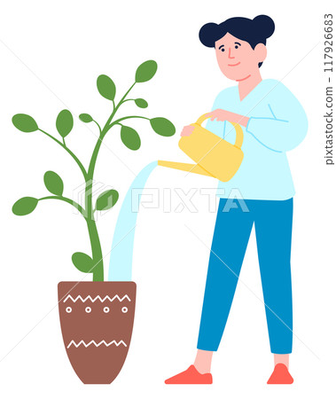 Girl watering houseplant. Home gardening. House chores Girl watering houseplant. Home gardening. House chores 117926683