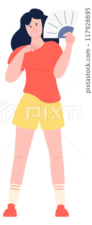 Woman with paper fan. Hot summer heat cooling 117926695