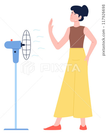 Woman cooling with air fan ventilation at hot summer Woman cooling with air fan ventilation at hot summer 117926698