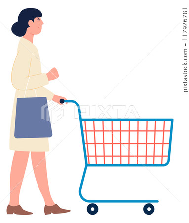 Woman pushing empty supermarket trolley. Shopping person Woman pushing empty supermarket trolley. Shopping person 117926781
